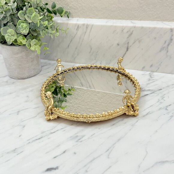 Hollywood Regency Cherub Footed Vanity Mirror/Tray - Picture 5 of 17